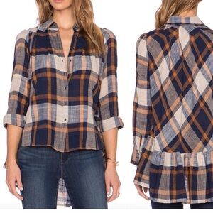 Free People Peppy In Plaid Button Up‎ Top in Navy Sz S